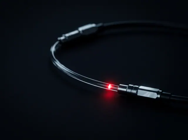 A single red light pulse travelling along a dark fibre cable
