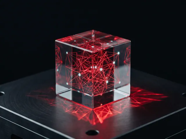 A glass cube holding a lattice of fine red light threads