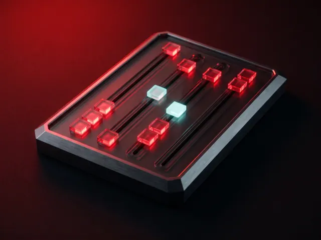 A glass board with glowing red and cyan tiles in channels